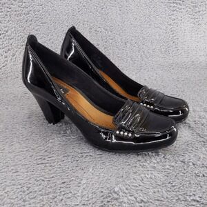Clarks Artisan Black Patent Leather Penny Loafer Heel Pumps Size 7.5M